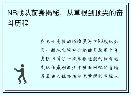 NB战队前身揭秘，从草根到顶尖的奋斗历程